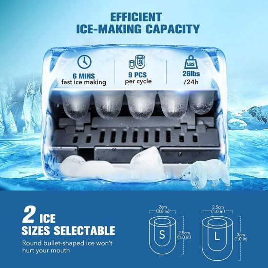 IKICH Portable Ice Maker Machine for Countertop, Ice Cubes Ready in 6 Mins, Make 26 lbs Ice in 24 Hrs with LED Display Perfect for Parties Mixed Drinks. (Silver) (NEW)