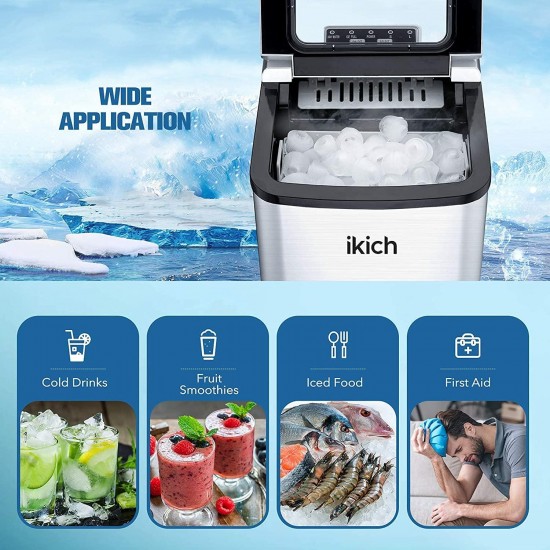 IKICH Portable Ice Maker Machine for Countertop, Ice Cubes Ready in 6 Mins, Make 26 lbs Ice in 24 Hrs with LED Display Perfect for Parties Mixed Drinks. (Silver) (NEW)