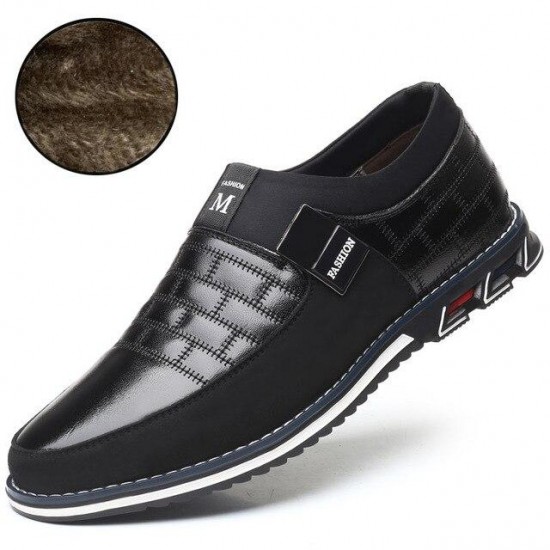 Men's Shoes - 2021 Winter Genuine Leather Add Plush Slip On Magic Closure Loafers