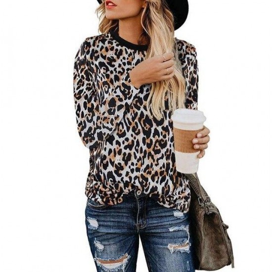 New Autumn Fashio Leopard Print Slim Women T-shirt
