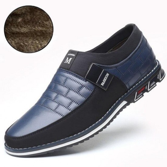 Men's Shoes - 2021 Winter Genuine Leather Add Plush Slip On Magic Closure Loafers