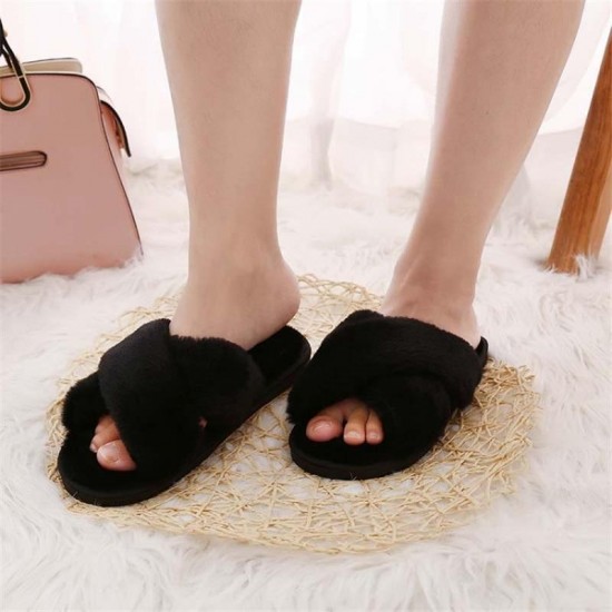 Women Home Slippers With Faux Fur Black Pink