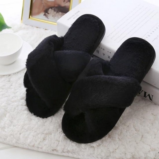Women Home Slippers With Faux Fur Black Pink
