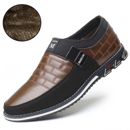 Men's Shoes - 2021 Winter Genuine Leather Add Plush Slip On Magic Closure Loafers
